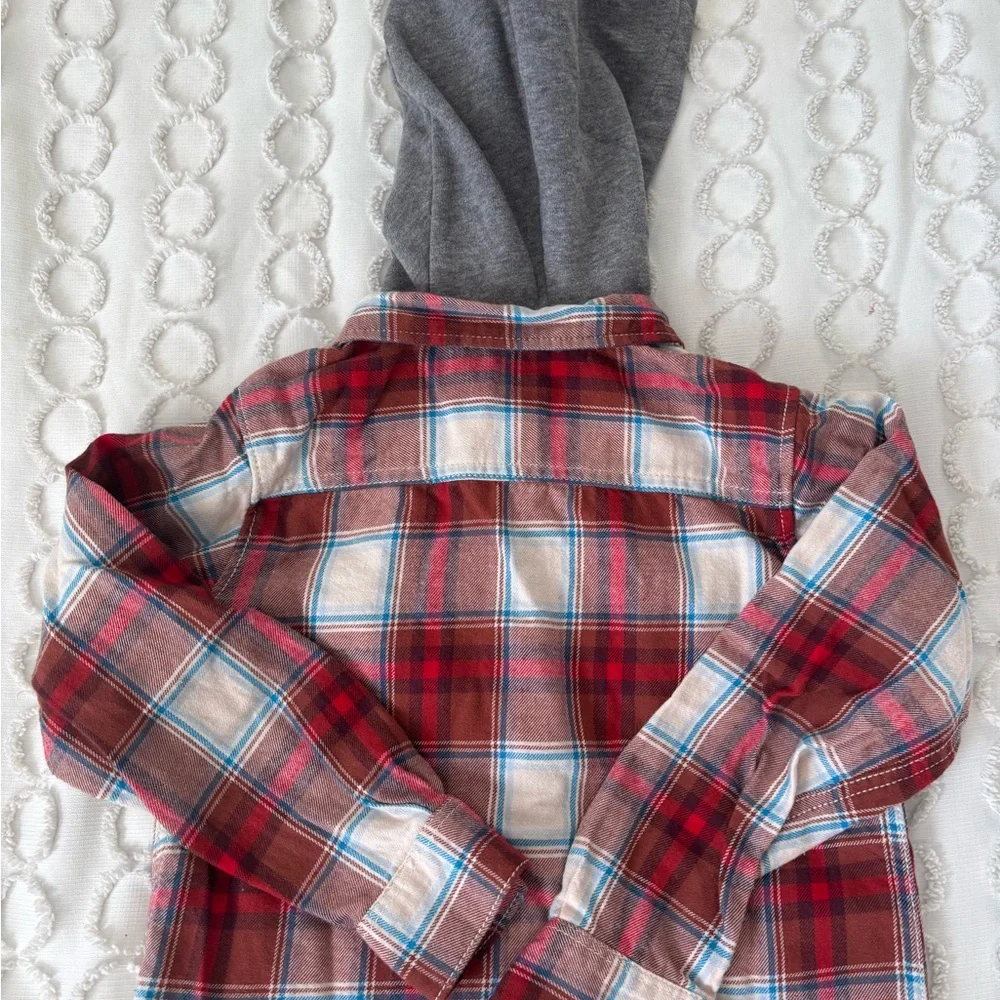 Carter's Red Plaid Button Down Shirt with Gray Hood - Picture 4 of 5